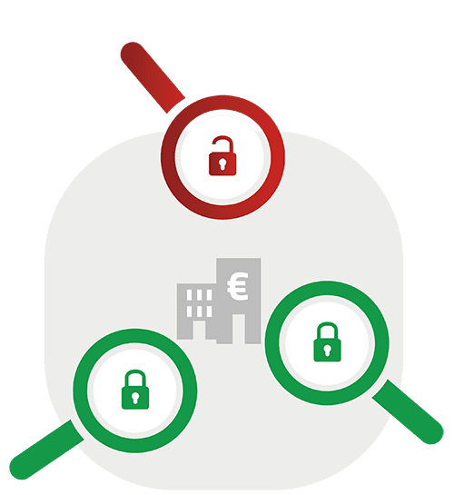 Vulnerability Management - the management of vulnerabilities. Three magnifying glasses are pointed at a house, which symbolically represents the infrastructure of a company. Two magnifying glasses are green, with a green closed lock inside. One magnifying glass is red, with a red open lock.