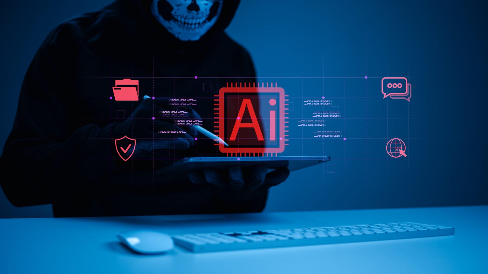 A masked hacker uses a tablet with a futuristic AI interface to launch a cyberattack. The concept illustrates cybersecurity threats, data breaches, risks associated with artificial intelligence, invasions of online privacy, and network systems.
